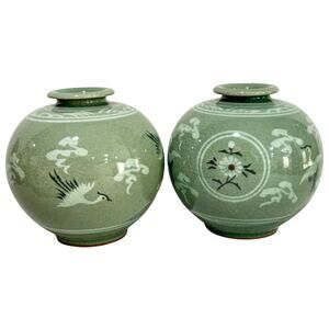 Two green celadon bud vases Asian cranes clouds & flowers hallmarked vintage